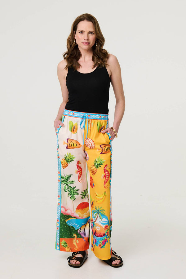 White | Tropical Print Wide Leg Trousers
