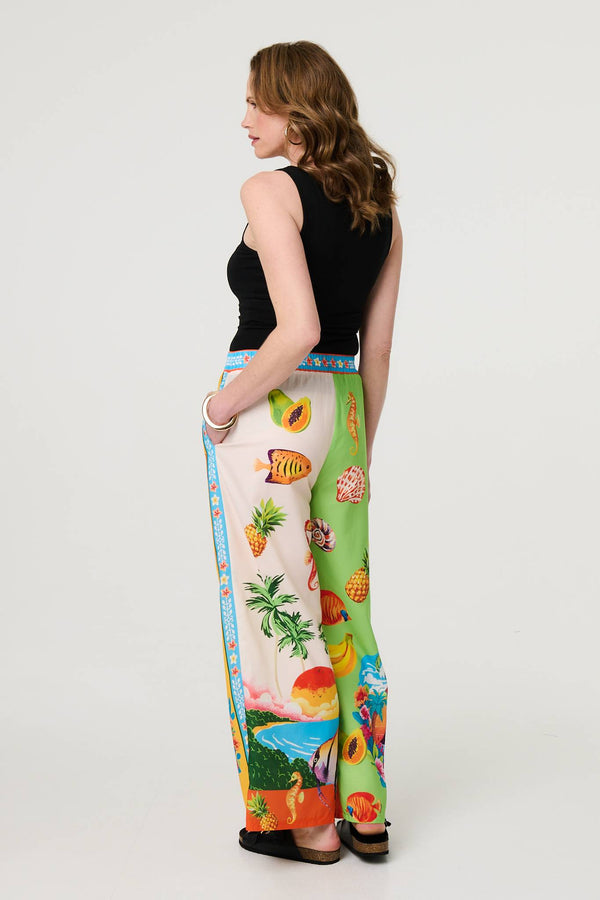 White | Tropical Print Wide Leg Trousers
