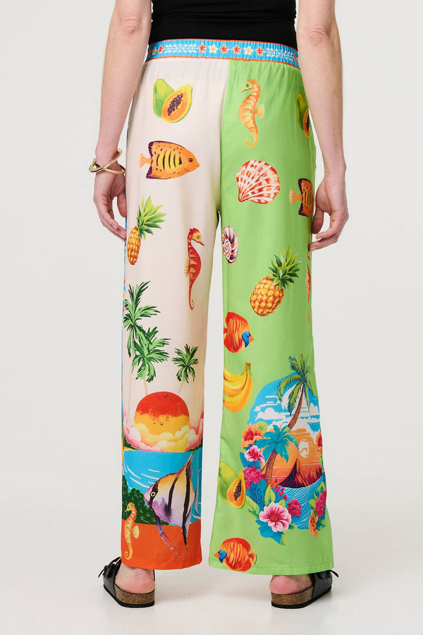 White | Tropical Print Wide Leg Trousers
