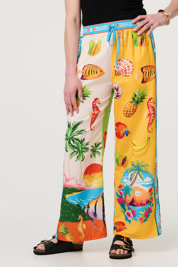 White | Tropical Print Wide Leg Trousers
