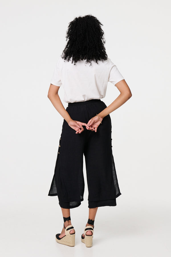 Black | High Waist Layered Hem Cropped Trousers