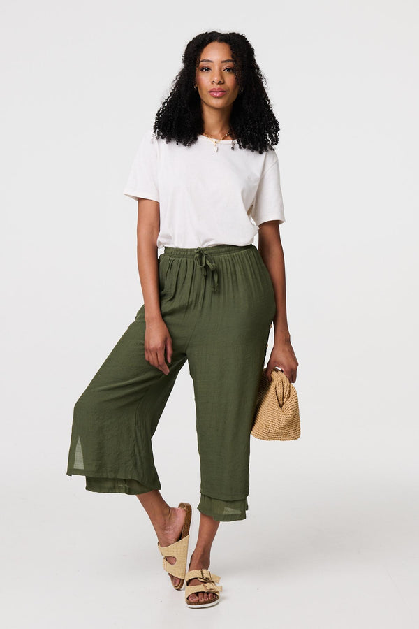 Khaki | High Waist Layered Hem Cropped Trousers