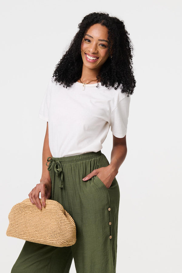 Khaki | High Waist Layered Hem Cropped Trousers