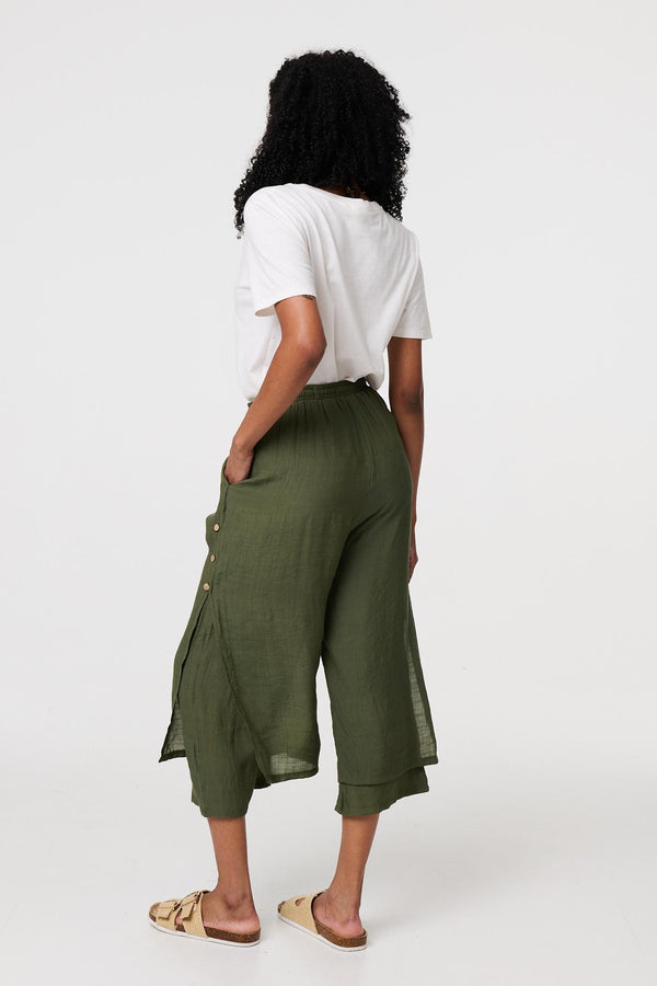 Khaki | High Waist Layered Hem Cropped Trousers