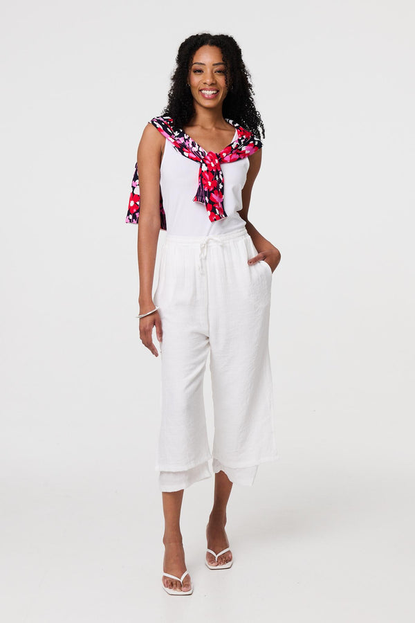 White | High Waist Layered Hem Cropped Trousers : Model is 5'8"/172 cm and wears UK8/EU36/US4/AUS8