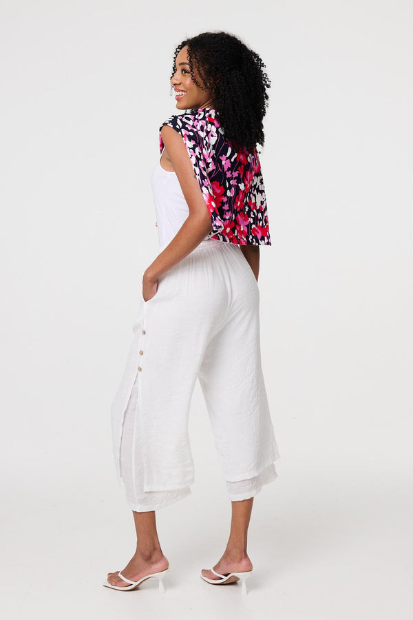 White | High Waist Layered Hem Cropped Trousers