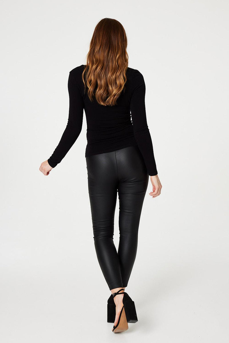 Izabel London Black Zip Detail Skinny Coated Jeggings