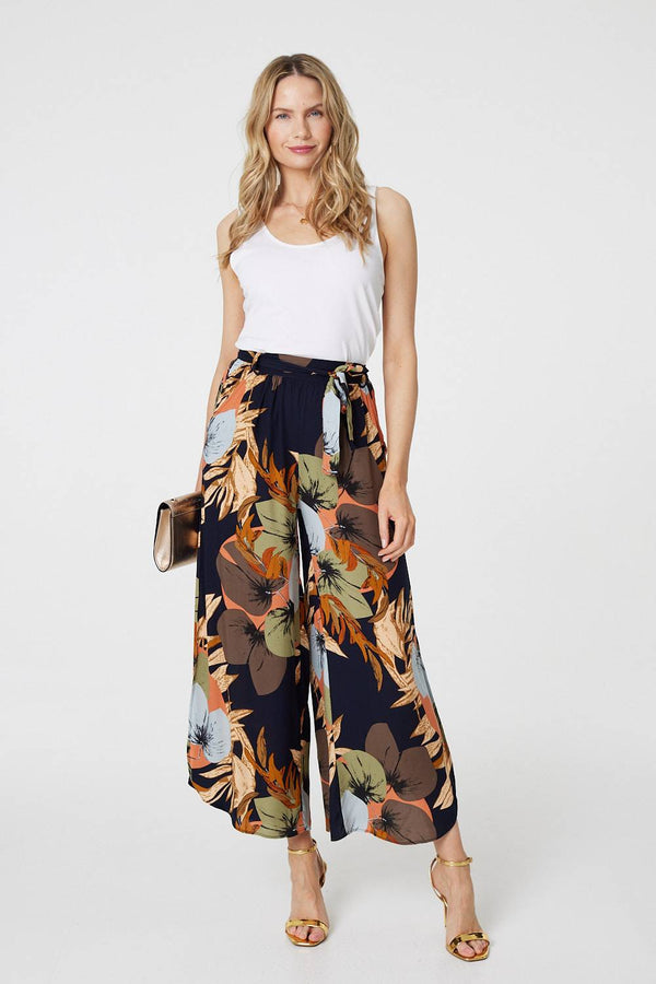 Navy | Leaf Print Tie Waist Split Leg Trousers