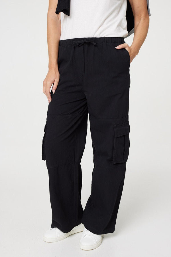 Black | Wide Leg Tie Waist Cargo Trousers
