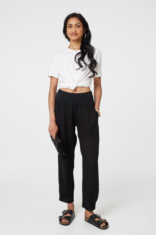 Black | Relaxed Linen Blend Tapered Trousers