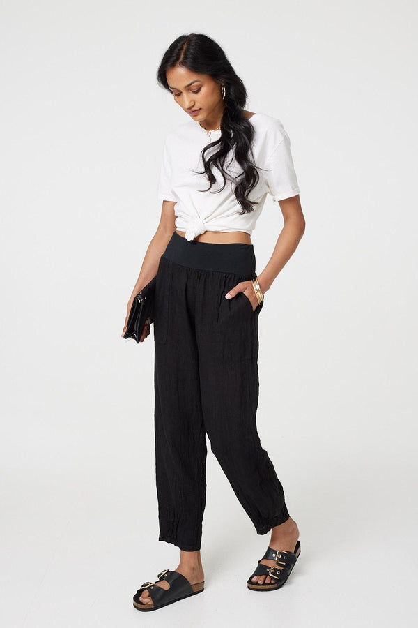 Black | Relaxed Linen Blend Tapered Trousers