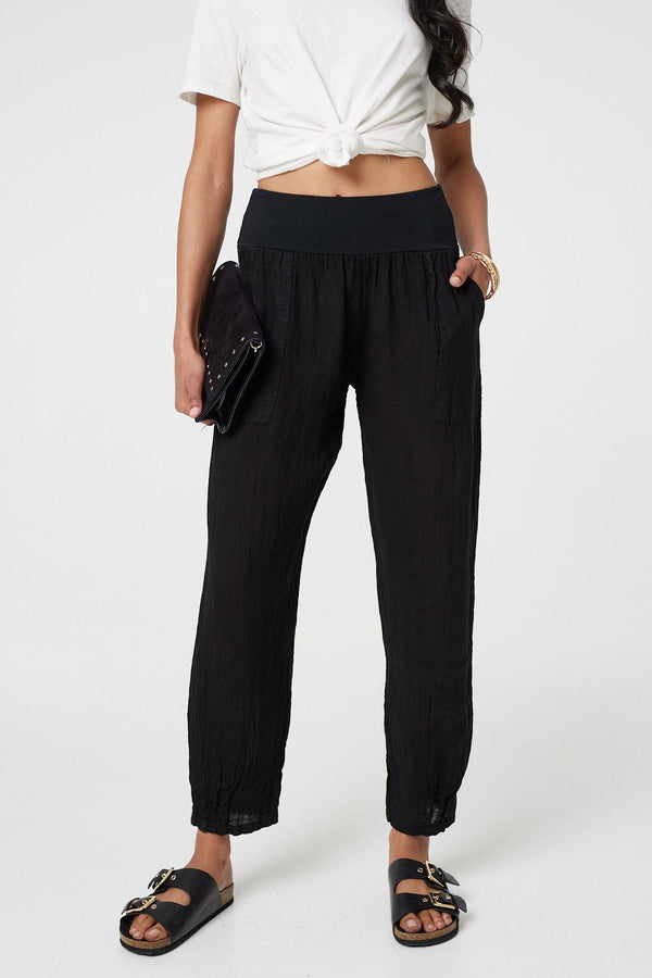 Black | Relaxed Linen Blend Tapered Trousers