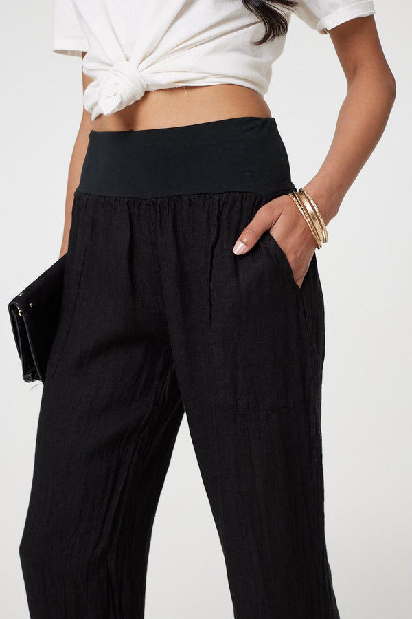 Black | Relaxed Linen Blend Tapered Trousers