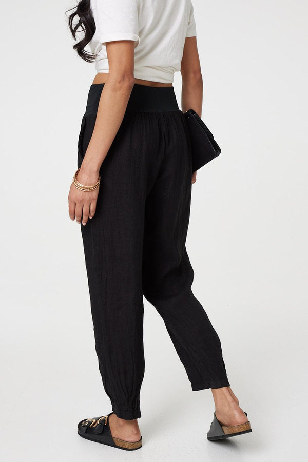 Black | Relaxed Linen Blend Tapered Trousers