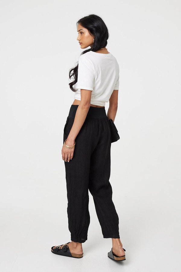 Black | Relaxed Linen Blend Tapered Trousers