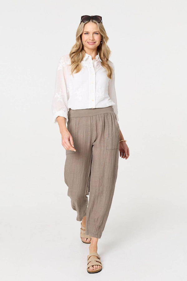 Brown | Relaxed Linen Blend Tapered Trousers