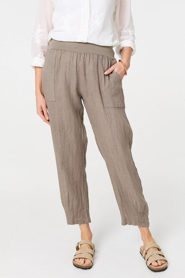 Brown | Relaxed Linen Blend Tapered Trousers