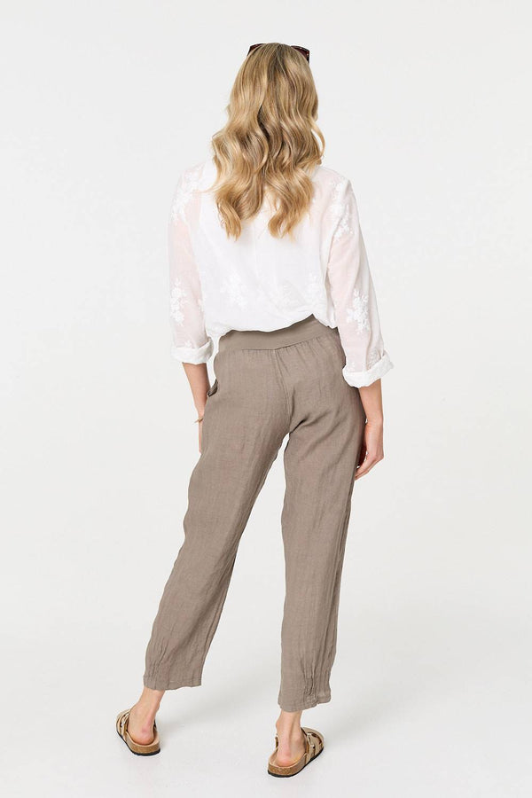 Brown | Relaxed Linen Blend Tapered Trousers