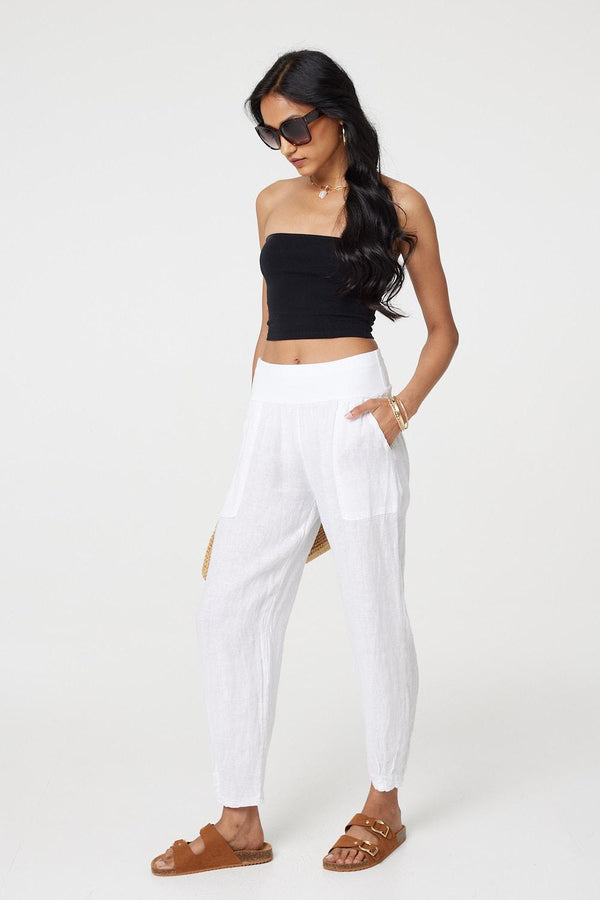 White | Relaxed Linen Blend Tapered Trousers