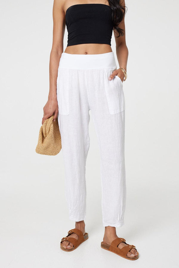 White | Relaxed Linen Blend Tapered Trousers