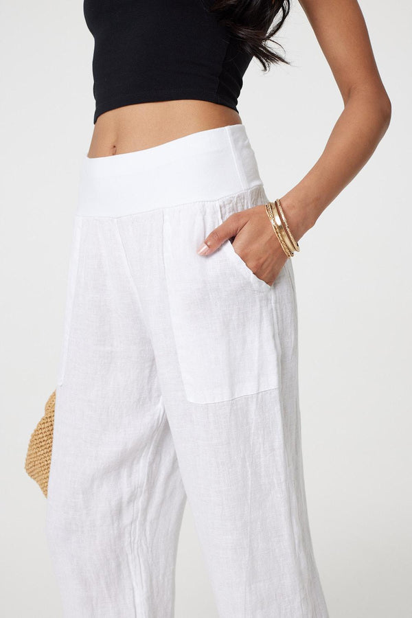 White | Relaxed Linen Blend Tapered Trousers