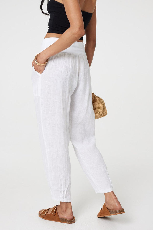 White | Relaxed Linen Blend Tapered Trousers