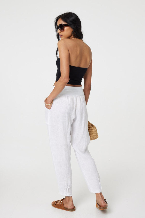 White | Relaxed Linen Blend Tapered Trousers