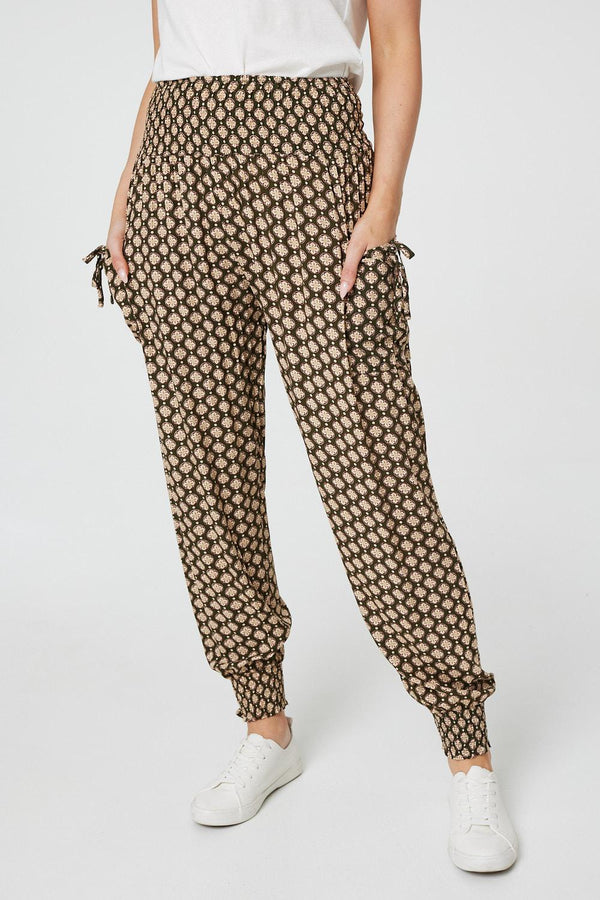 Khaki | Mosaic Print High Waist Harem Trousers