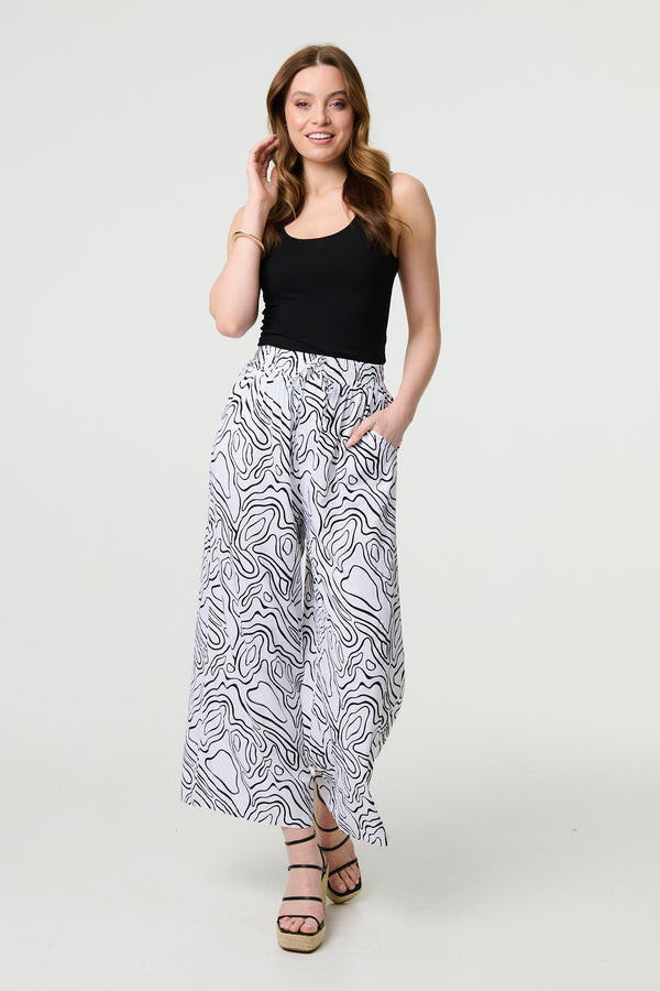 White | Abstract Print High Waist Wide Leg Trousers
