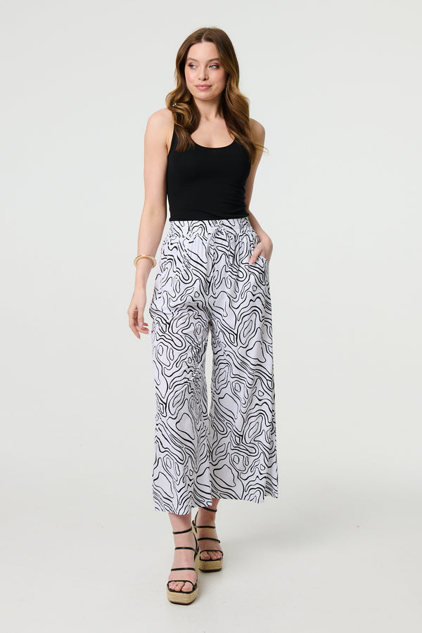 White | Abstract Print High Waist Wide Leg Trousers
