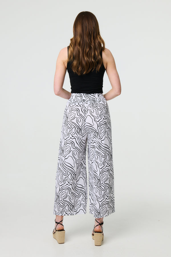 White | Abstract Print High Waist Wide Leg Trousers
