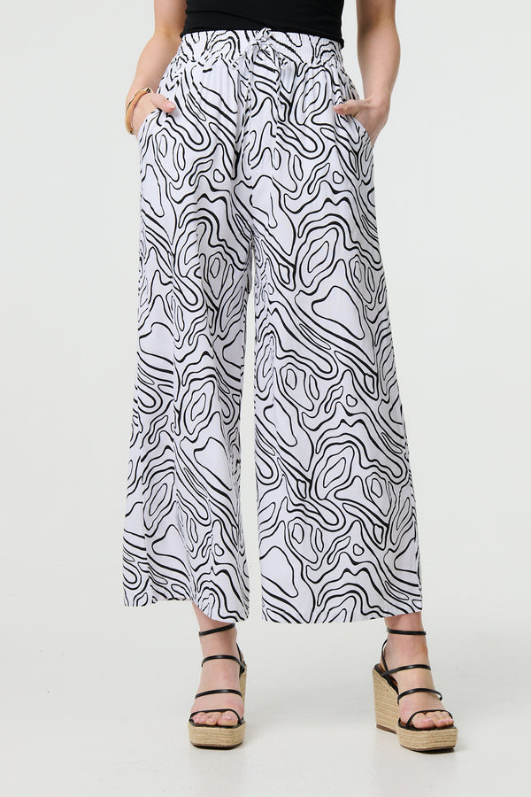 White | Abstract Print High Waist Wide Leg Trousers
