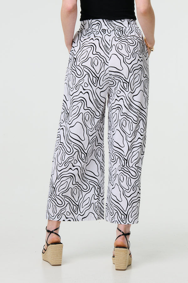 White | Abstract Print High Waist Wide Leg Trousers
