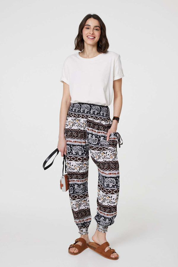 Beige | Elephant Print High Waist Harem Pants