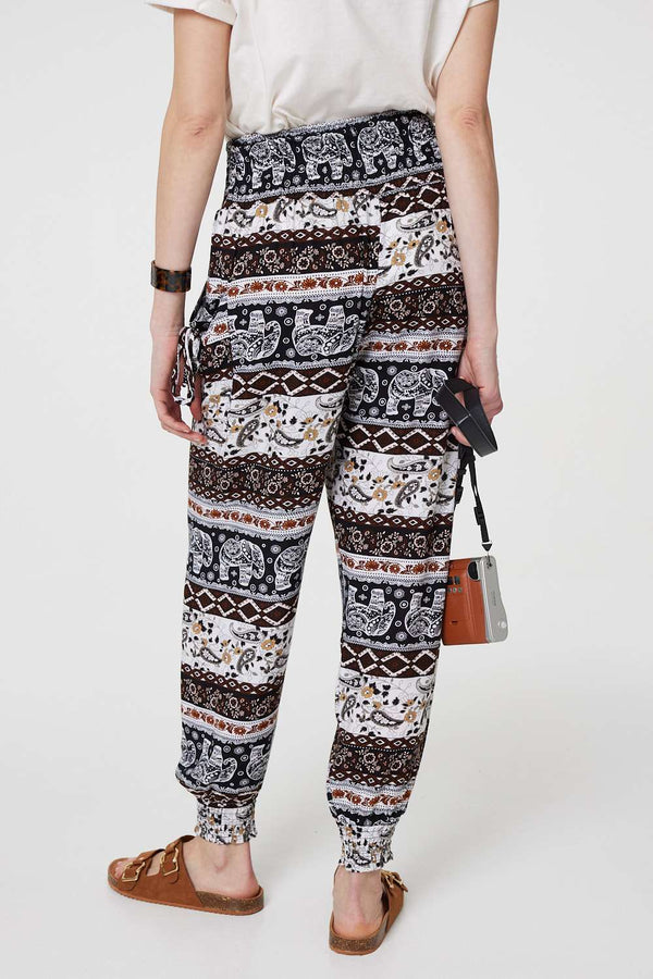 Beige | Elephant Print High Waist Harem Pants