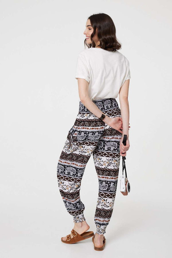 Beige | Elephant Print High Waist Harem Pants