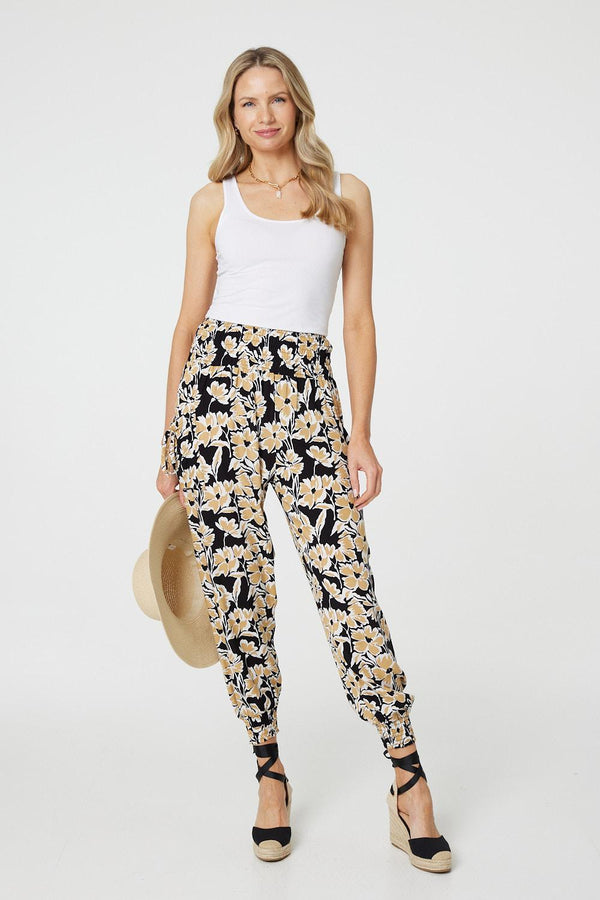 Black | Floral Tassel Tie Pocket Harem Pants