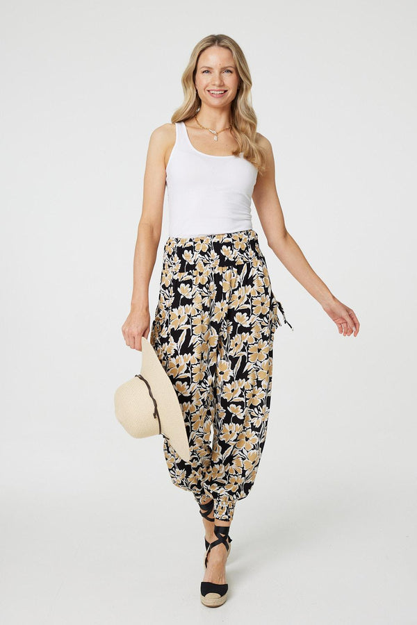 Black | Floral Tassel Tie Pocket Harem Pants