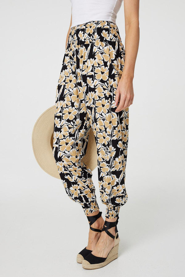 Black | Floral Tassel Tie Pocket Harem Pants