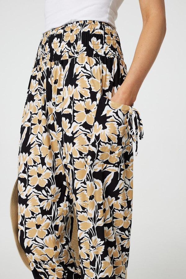 Black | Floral Tassel Tie Pocket Harem Pants