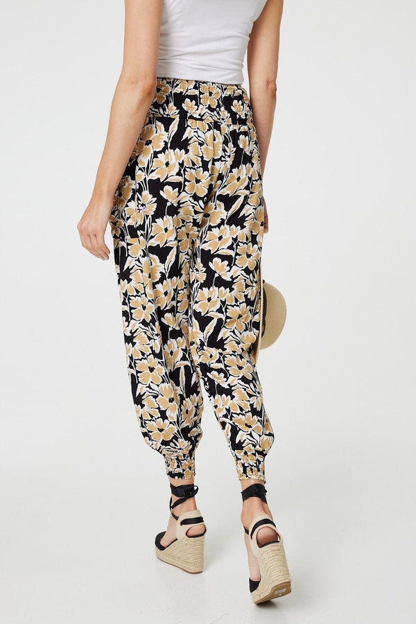 Black | Floral Tassel Tie Pocket Harem Pants