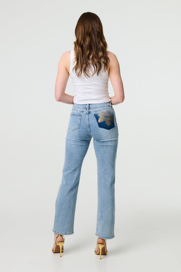 Blue | Floral Pocket Patch Straight Fit Jeans
