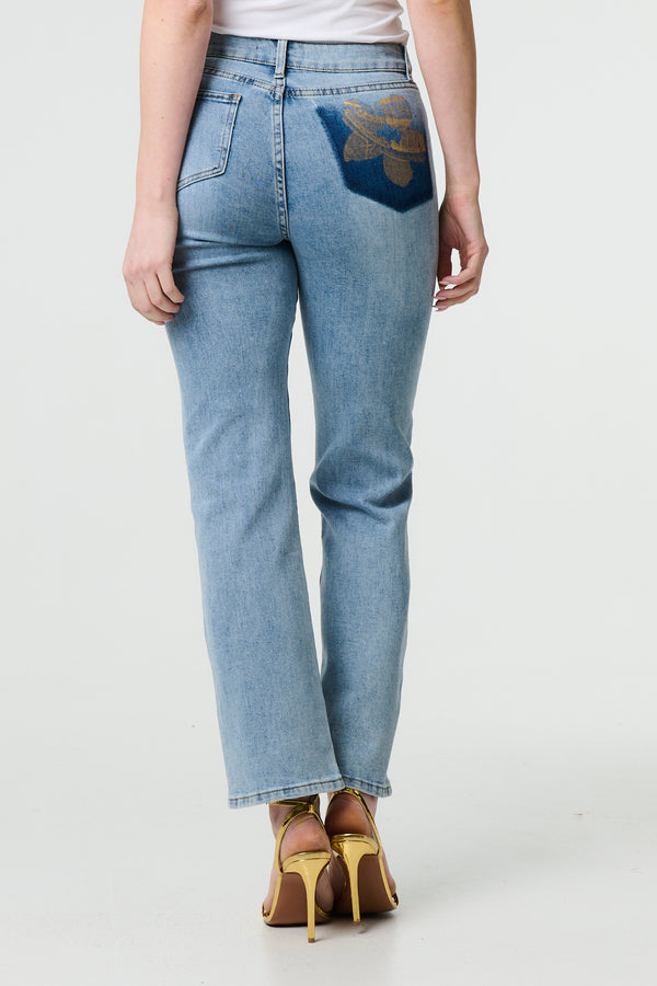 Blue | Floral Pocket Patch Straight Fit Jeans
