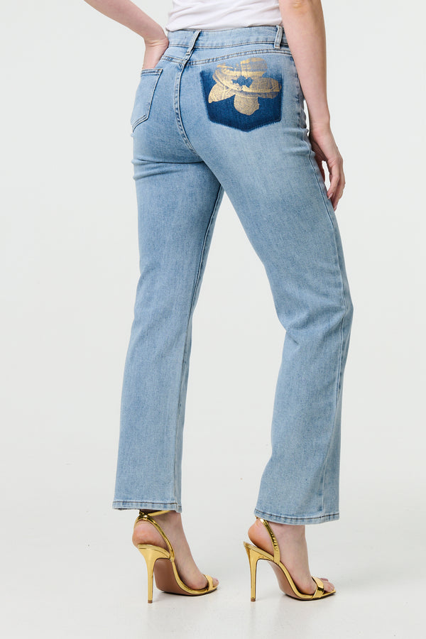 Blue | Floral Pocket Patch Straight Fit Jeans
