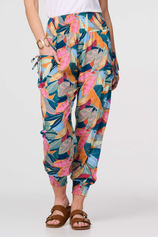 Blue | Leaf Print Tassel Pocket Harem Pants