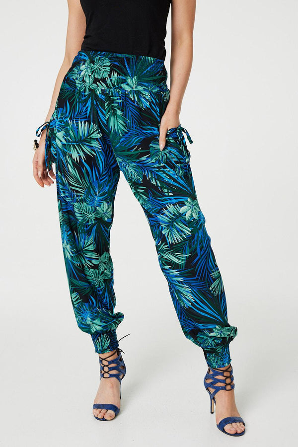 Blue | Tropical Print High Waist Harem Pants