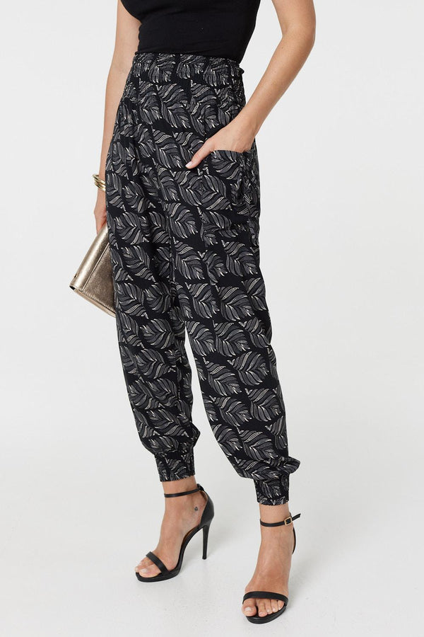 Black | Feather Print High Waist Harem Pants