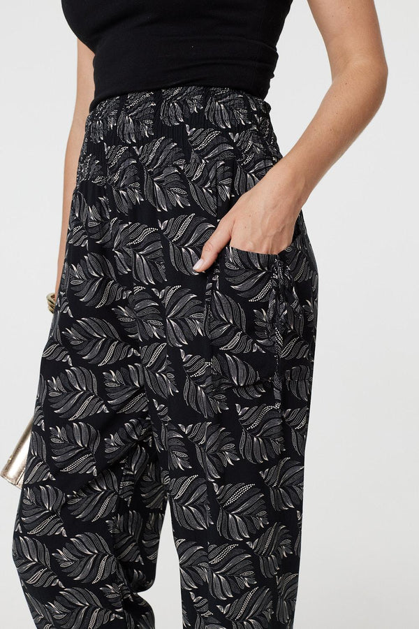 Black | Feather Print High Waist Harem Pants