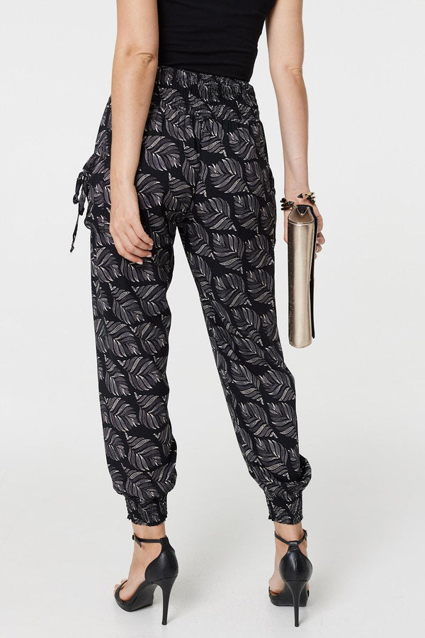 Black | Feather Print High Waist Harem Pants