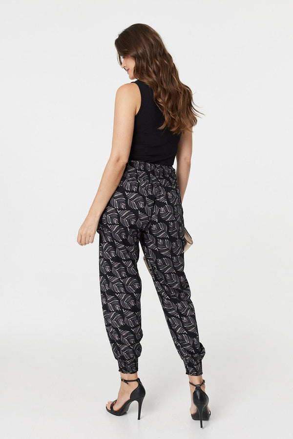 Black | Feather Print High Waist Harem Pants